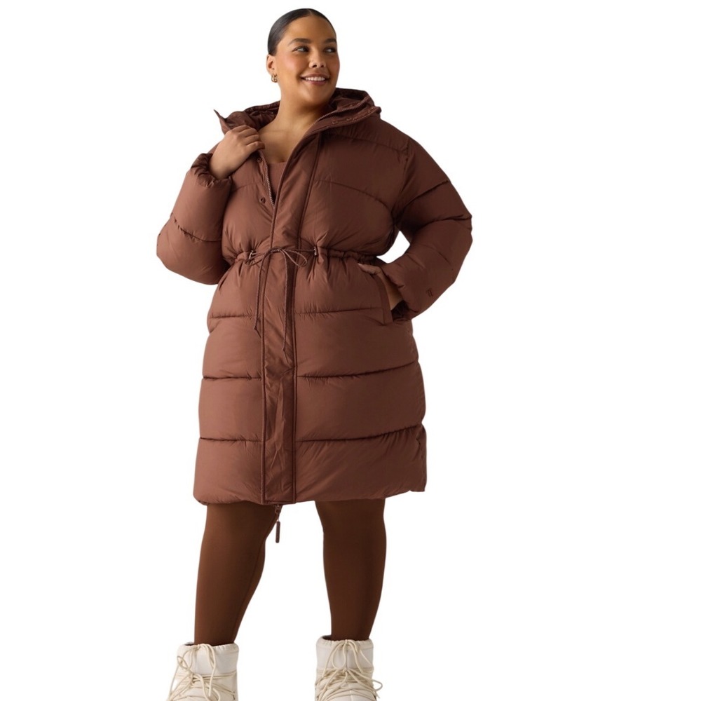 Fabletics Womens Longline Puffer Jacket Brown Quilted Hooded Parka XXL/1X NEW